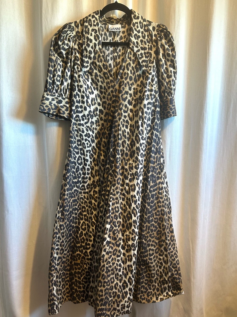 GANNI Leopard Print Puff Sleeve Midi Dress | Organic Cotton | EU 36